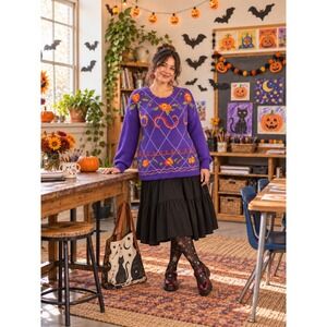 Vtg Needles & Yarn Floral Sweater L Purple Fall Halloween Whimsigoth Teacher 90s